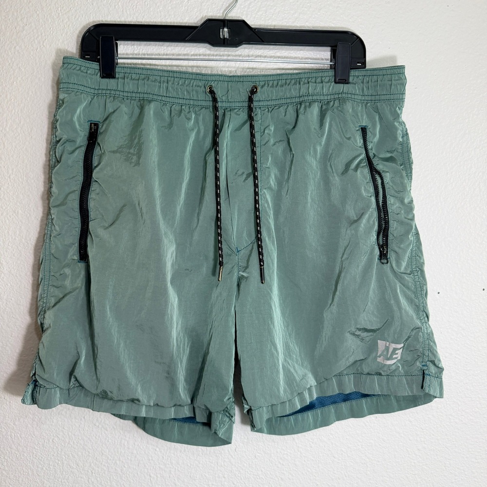 American Eagle Mens Green Swim Trunks Mesh Lined Zip Pockets Size L Board Short